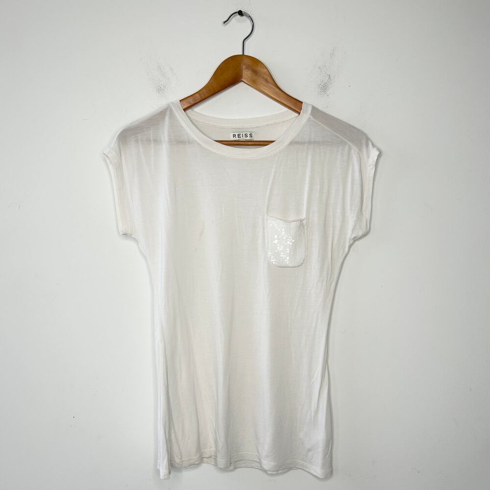 REISS Sequin Pocket Tshirt Womens XSmall Sugar White Basics Casual Capsule Chic